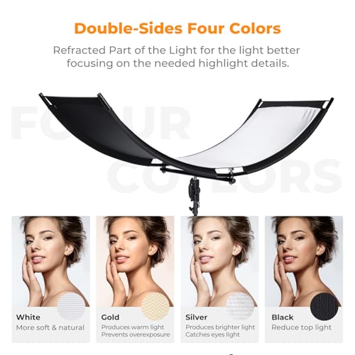 K&F CONCEPT U-Shape Reflector Curved Reflector 180x60cm with 4-in-1 Reflective Fabric, Black/Gold/White/Silver, with 1.9m Stand, with Storage Bag, for Photography Studios - size: 70.8*23.6inch