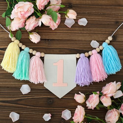 Pastel Macaron one high chair banner Handmade First Birthday High Chair Banner for 1st Baby Girls Fun To Be One Birthday Party Decorations Princess Photoshoot Props - color: macaron