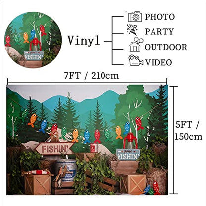 Gone Fishing Photography Background Forest Green Plants Boy Child Birthday Party Cake Smash Portrait Backdrop Baby Shower Party Photo Booth Props,7x5ft - size: 7X5FT