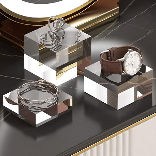 Acrylic Display Stands, 3 Graduated Sizes Acrylic Block Riser for Displaying Collection, Crystal Clear Acrylic Cube Pedestals for Jewelry Glass, Gem and Collectables, 1set