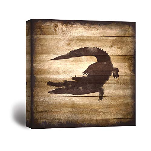 wall26 - Square Canvas Wall Art - Crocodile Silhouette on Rustic Wood Board Texture Background - Giclee Print Gallery Wrap Modern Home Art Ready to Hang - 24x24 inches - color: Crocodile - 04, size: 24"L x 24"W
