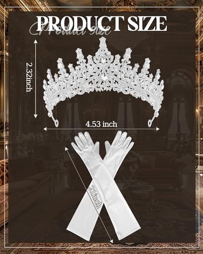 Princess Tiara Crown with Satin Gloves Set Crystal Headpiece for Graduation Prom and Party Photo Props - color: Silver, style: D