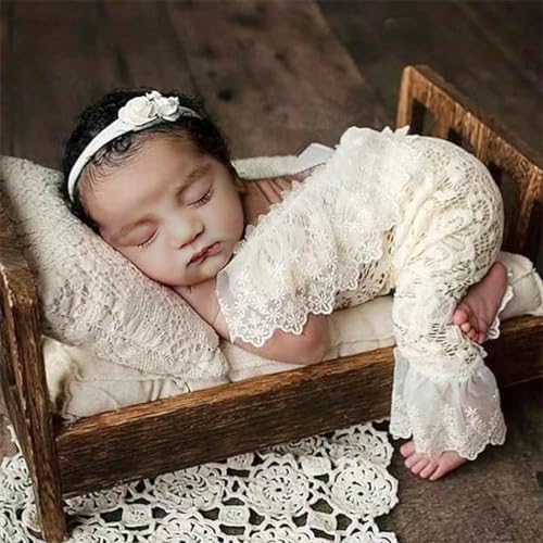 Newborn Photography Outfits Girl Newborn Photography Props Newborn Girl Lace Romper Headress Infant Princess Costume - color: Light Yellow