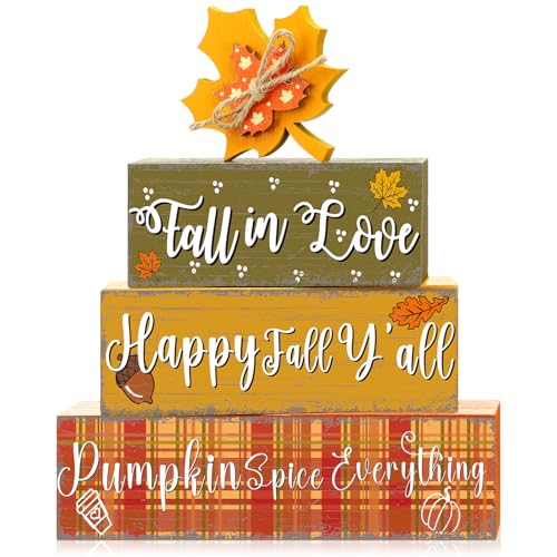 Geelin 4 Pcs Thanksgiving Decorations Fall Wooden Sign Maple Leaves Thanksgiving Pumpkin Table Centerpiece Tiered Tray Decor Fall Wood Blocks Tiered Tray Decor Table Top Sign for Home - style: Maple Leaves