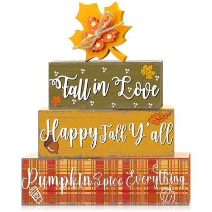 Geelin 4 Pcs Thanksgiving Decorations Fall Wooden Sign Maple Leaves Thanksgiving Pumpkin Table Centerpiece Tiered Tray Decor Fall Wood Blocks Tiered Tray Decor Table Top Sign for Home - style: Maple Leaves