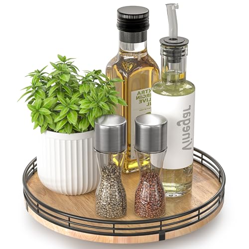 10" Lazy Susan Oak Wood Turntable Organizer for Cabinet, Round Wooden Farmhouse Lazy Susan Organization and Storage for Dining Table, Pantry, Kitchen, Countertop, Cupboard,Home Decor - color: Brown & Black, size: 10 inches