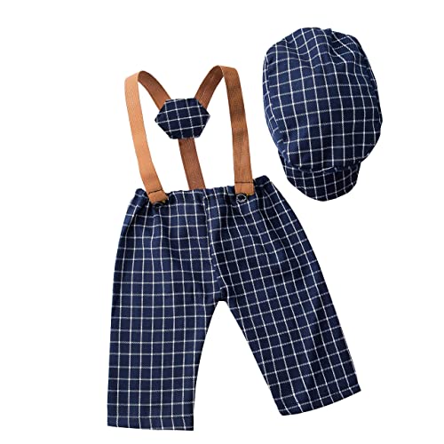 Newborn Monthly Baby Photo Props Stripe Checked Flat Cap Newsboy Suspender Pants Romper for Photography Outfits - color: Dark Blue