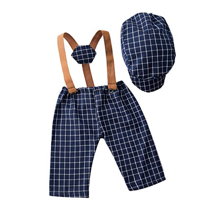 Newborn Monthly Baby Photo Props Stripe Checked Flat Cap Newsboy Suspender Pants Romper for Photography Outfits - color: Dark Blue