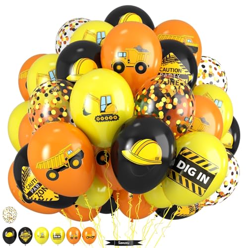 Construction Balloons, 12 Inch Black Yellow Orange Truck Printed Confetti Excavator Balloons for Boy Construction Birthday Party Supplies Excavator Baby Shower Truck Themed Party Decoration Backdrop - color: Yellow Orange Black