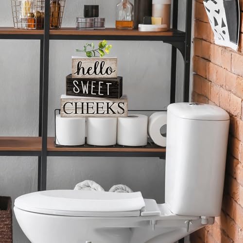 Moucuny 4 Pcs Bathroom Shelf Decor Hello Sweet Cheeks Sign Farmhouse Bathroom Decor and Accessories Rustic Eucalyptus Leaves Wood Block Sign Gift Sweet Home Table Centerpiece for Home Office - style: Eucalyptus Leaves