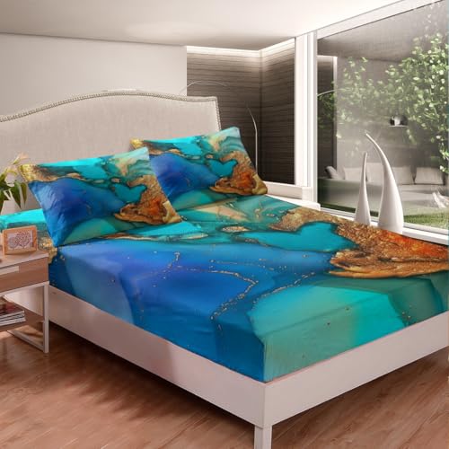 Feelyou Turquoise Teal Blue Gold Marble Bed Sheets Set Teal Abstract Textured Fitted Sheet for Kids Boys Girls Golden Streaks Bedding Set Marble Aesthetic Bed Cover Queen Size with 2 Pillow Case - color: Multi 14, size: Queen