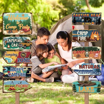 Hooqict 20 Pieces Camping Party Decorations Camping Themed Party Directional Signs for Summer Camp Day Classroom Welcome to Camp Birthday Decor Picnic Yard Sign - style: Camp