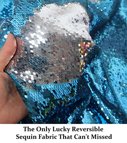 DUOBAO Turquoise to Silver Sequin Fabric by The Yard Mermaid Two Color Change Glitter Fabrics Aqua Reversible Sparkle Sequins - color: Silver to Turquoise, size: 1 Yard