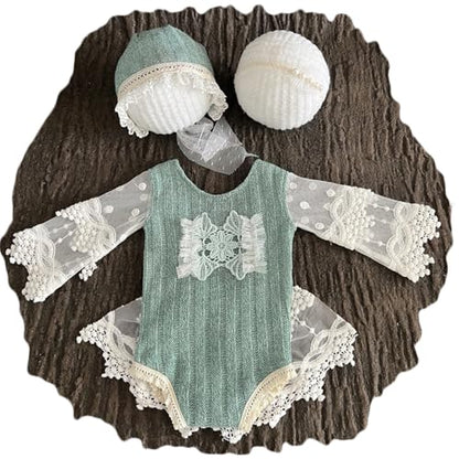 Zeroest Baby Photography Props Lace Hats Outfit Newborn Photo Shoot Outfits Infant Photos Baby Girl Photoshoot - color: Dusty Green