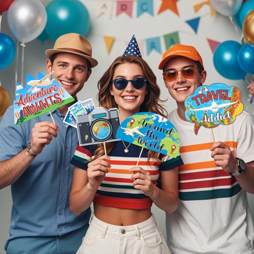 Travel Photo Booth Props,14 Pcs Let The Adventure Begin Travel Theme with Airplane Cameras Compass - Bon Voyage for Journey Birthday Baby Shower Party Decorations