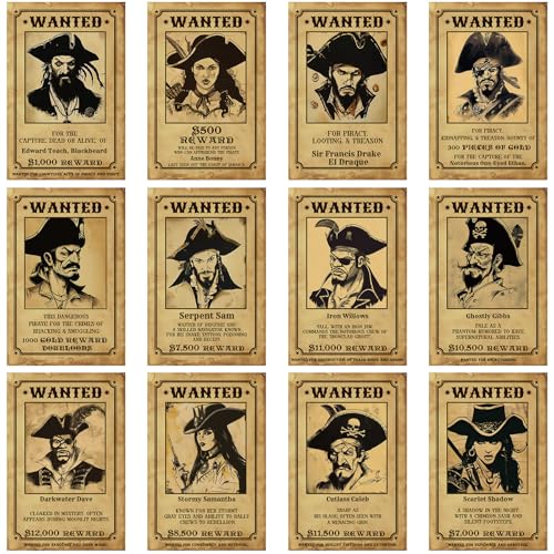 Marspark 12 Pcs Pirate Wanted Sign Cutouts for Pirate Decor 8x12 Inch Wanted Paper Poster with Glue 12 Different Design Party Photo Prop for Golden Age of Piracy Cosplay Historical Reenactment - style: Pirate Wanted