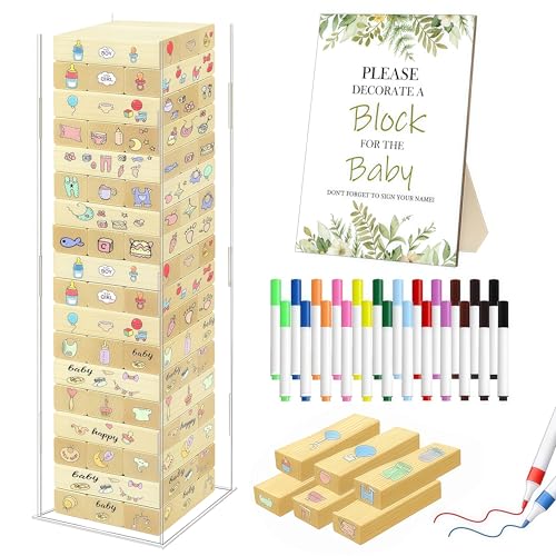 80 Pcs Baby Shower Games Sign Kit with 48 DIY Blank Wooden Blocks, 24 Colored Pens, Clear Acrylic Box, Guide Sign, Creative Guest Book Alternative for Baby Shower Games Gender Reveal Decoration - color: Wood-B
