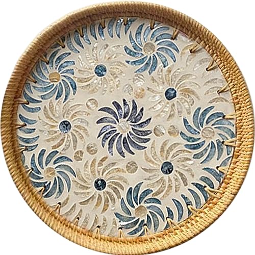 Round Rattan Serving Tray 12 Inch Rattan Tray with Mother of Pearl Inlay Decorative Eating Tray Coffee Table Tray Woven Wicker Tray for Storage Display Bread Fruit Boho Home Decor - color: Hot Wheel