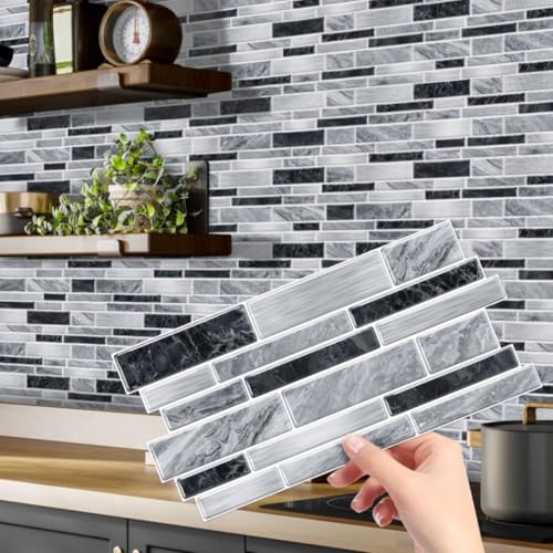 Heikki Peel-and-Stick Self-Adhesive Wall Tiles, 4.7×9.7-inch Kitchen & Bathroom Splashback Tiles, Marble Pattern Design (48-Piece Set) (Black-Gray) - color: Black-Gray