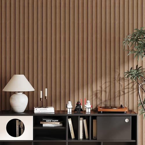 Peel and Stick PVC Slat Wall Panels, Wood Grain Self-Adhesive Soundproof Paneling, 3D Faux Wood Panels for Bedroom Bathroom Walls & Ceilings 118"x15.75"(Light Walnut,13Sq.ft) - color: Light Walnut