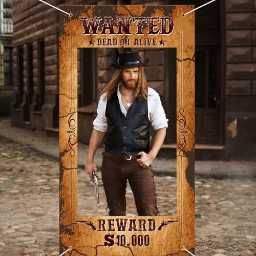 Large Western Wanted Poster Western Cowboy Party Decoration Wanted Photo Booth Frame Wild West Selfie Banner Backdrop for West Cowboy Birthday Party Retro Rustic Decoration Supplies (Brown) - color: Brown