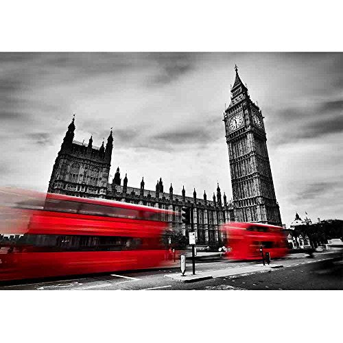 wall26 - The UK. Red Buses in Motion and Big Ben - Removable Wall Mural | Self-Adhesive Large Wallpaper - 66x96 inches - color: Artwork - 24, size: 66"x96"