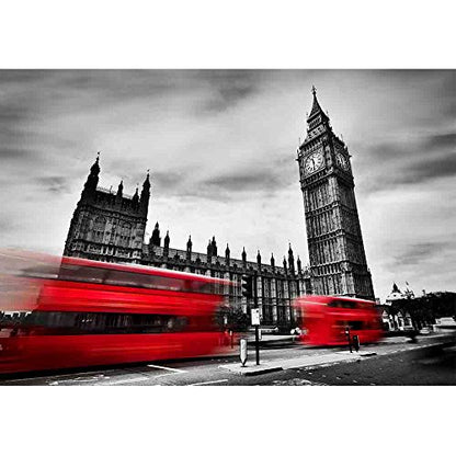 wall26 - The UK. Red Buses in Motion and Big Ben - Removable Wall Mural | Self-Adhesive Large Wallpaper - 66x96 inches - color: Artwork - 24, size: 66"x96"