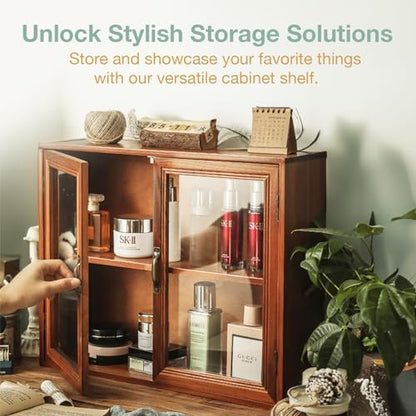 Cosmetics Display Cabinet with Clear Doors - 2-Level Wooden Tabletop Shelf Storage for Makeup, Perfumes, Skincare - Mahogany Wood Vanity Shelf Display Case - Mini Kitchen Cupboard