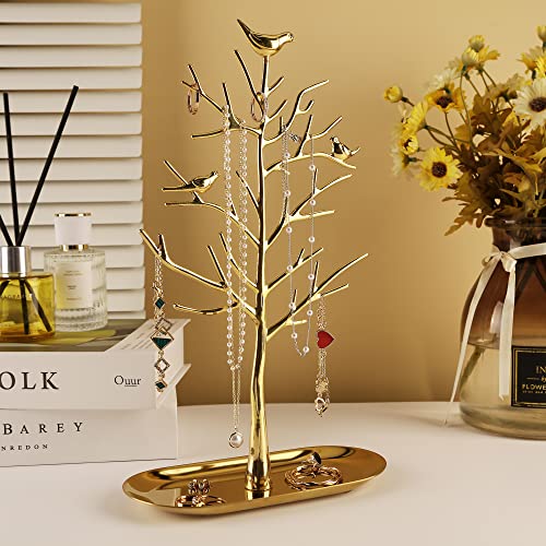 MORE&LESS Branch Jewelry Rack with metal tray,Luxury color,Tree Tower Rack Hanging Organizer for Ring Earrings Necklace Bracelet,Suitable for living rooms, bathrooms,offices,etc. - color: A Brass-Metal Tray
