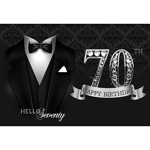 5x3ft Men 70th Birthday Tuxedo Backdrop Black Necktie Suit Tuxedo Silver Diamonds 70th Happy Birthday Photography Background Hello Seventy Father Grandpa Luxury Birthday Party Supplies - color: black silver 70, size: 5x3ft