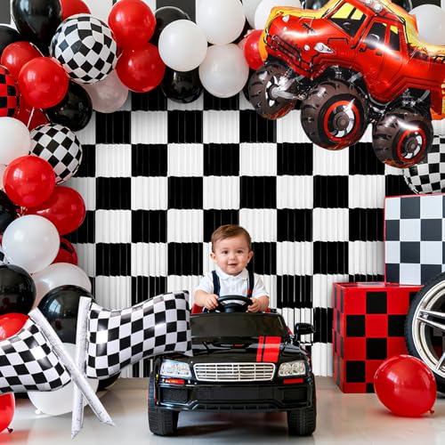 2 Packs Race Car Foil Fringe Curtain, Black White Checkered Glitter Metallic Tinsel Backdrop for Birthday, Baby Shower, Racing Car Truck One Happy Dude Party Decorations Supplies - color: Black White