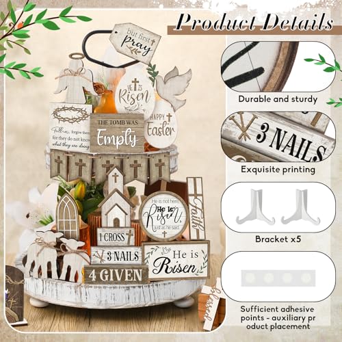 Yuntau 24 Pcs Easter Tiered Tray Decor Religious Easter Decorations He is Risen Cross Tray Decoration Sets Christian Cross Table Wooden Sign Farmhouse Table Decor for Home Kitchen Office Holiday - style: Rustic