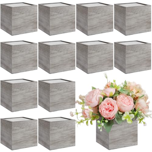 Suzile 12 Set 4 Inch Wooden Planter Box Flower Square Vases for Centerpiece Rustic Cube Planter Box with Removable Foam Blocks Liner Square Vase Craft for Garden Home(Light Brown) - color: Light Brown, size: 4 Inch
