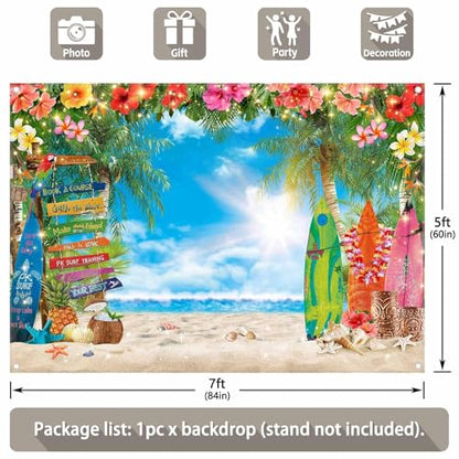 7x5ft Summer Hawaiian Beach Photography Backdrop Tropical Flower Palm Leaves Surfboard Background for Luau Aloha Party Decoration Banner Photo Booth - size: 7x5ft