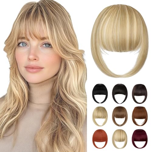 Bangs Hair Clip in Bangs, French Light Blonde Mix Bleach Blonde Fake Bangs Hair Clip on Bangs for Women Fringe with Temples Hairpieces Faux Bangs for Daily Wear - color: Light Blonde Mix Bleach Blonde
