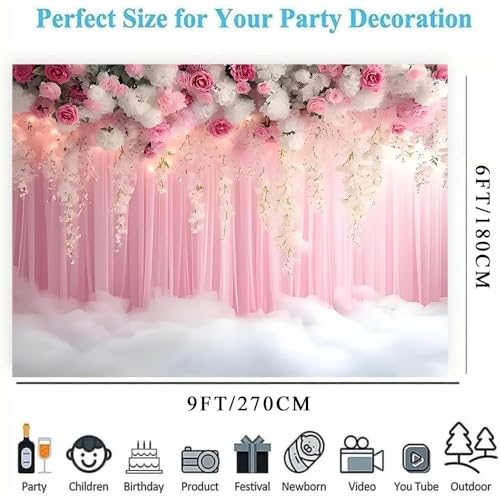 Romantic Pink and White Roses Wisteria Bridal Shower Photo Studio Backdrop Pink Wall Girls Woman Birthday Party Tea Party Baby Shower Anniversary Photography Background (D, 9 * 6feet) - color: D, size: 9*6feet