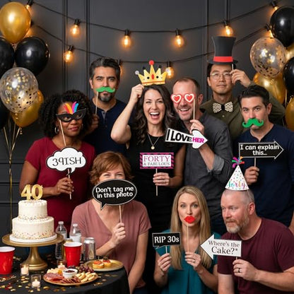 40th Birthday Photo Booth Props - 40 Pieces - Funny Birthday Party Supplies for Him or Her - Photo Booth Decorations, Favors and Gifts