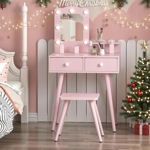 Arlopu Kids Vanity Set and Mirror, Wooden Pretend Play Vanity Table and Chair Set for Girls with Stool, Drawer, Princess Makeup Dress-Up Toy for Toddlers 3+Year Old (Pink) - color: Pink