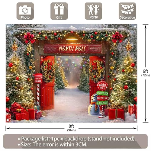 8x6ft Fabric Christmas Backdrop Winter Forest Wooden Barn Door North Pole Snowy Xmas Tree Photography Background Family Holiday Party Decor Photo Props - size: 8'x6'