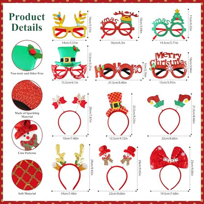Qenk 45 PCS Christmas Photo Booth Props with Headbands Glasses Frames for Women Adults Christmas Party Supplies, DIY Photography Props Decorations Accessories