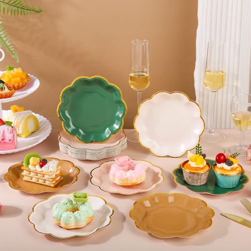 AimFun 48Pcs Woodland Scalloped Party Plates 7 Inch Sage Green Brown Disposable Dessert Plates Gold Foil Border Paper Plates for Birthday Baby Shower Wedding Forest Themed Party Supplies - color: Sage Brown