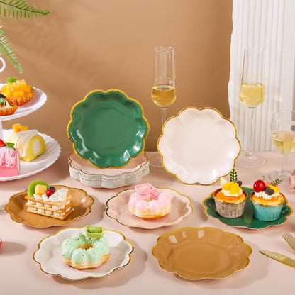 AimFun 48Pcs Woodland Scalloped Party Plates 7 Inch Sage Green Brown Disposable Dessert Plates Gold Foil Border Paper Plates for Birthday Baby Shower Wedding Forest Themed Party Supplies - color: Sage Brown