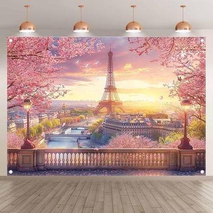 7x5ft Fabric Eiffel Tower Backdrop Paris Landscape Floral Lake Bridge Photography Background Wedding Girls Birthday Party Decorations Photo Booth Props - size: 7'x5'