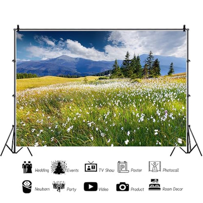 8x6ft Vinyl Summer Landscape Backdrops for Photography Background Blooming Flower Mountain Landscape Grass Field Vacation Holiday Party Backdrop Children Adults Portraits Photo Studio - size: 8x6ft