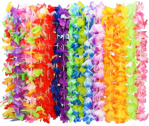 Arrowom 24pcs Hawaiian Leis Bulk Luau Party Silk Flower Necklace Colorful Tropical Hawaiian Bulk Hula Dance Party Decor Flower Leis Summer Beach Pool Party Decorations Favors Supplies - color: Hawaiian 24pcs