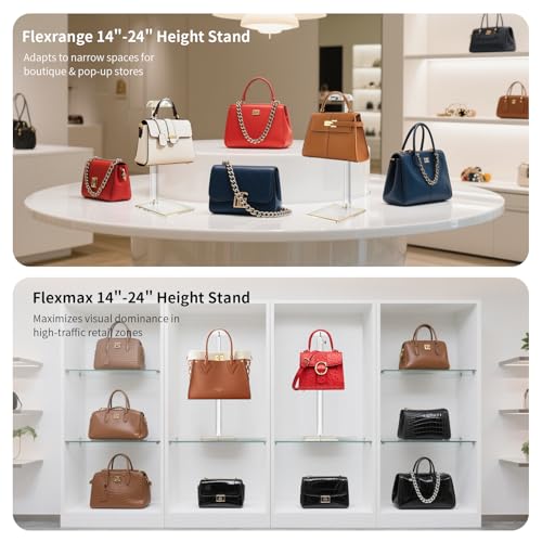 Acrylic Purse Display Stands, 14"-24" Adjustable Height Handbag Holder, Clear Purse Rack Stands for Closet Retail, Durable Gold Trim Hanging Bag Wallet Jewelry Necklace Organizer Stand(PATENT PENDING) - size: 1-pack, L (13.5"-24")