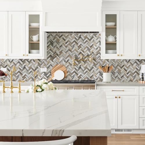 STICKGOO Herringbone Peel and Stick Backsplash, 10 Sheets PVC Kitchen Backsplash, Faux Wood Stick on Tiles for Kitchen - color: Gold wood grain marble