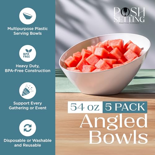 Posh Setting - White Plastic Serving Bowls for Party - Angled, Disposable, Chip & Candy Bowls - 54 OZ, 5 Pack - color: White, size: Large 54 OZ