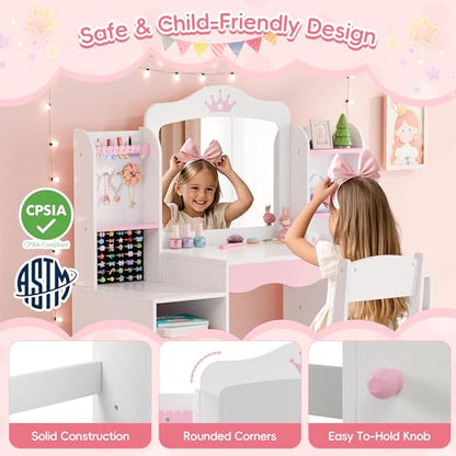 MU Kids Vanity, Girl Vanity Set with Mirror and Stool, 2 in 1 Toddler Makeup Vanity Table with Jewelry Storage, Wooden Princess Makeup Desk Dressing Table for Little Girls, (White) - color: White