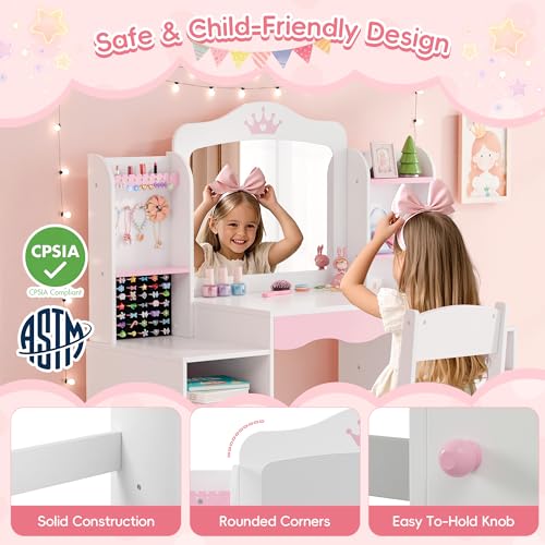 MU Kids Vanity, Girl Vanity Set with Mirror and Stool, 2 in 1 Toddler Makeup Vanity Table with Jewelry Storage, Wooden Princess Makeup Desk Dressing Table for Little Girls, (White) - color: White